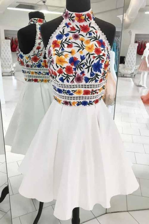Unique White High Neck Prom Dresses A Line Sleeveless Short Homecoming Dress - Prom Dresses