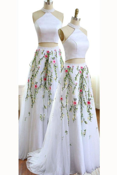 Unique White Jewel Sleeveless A-line Tulle Two Pieces Prom Dress with Flowers for Teens - Prom Dresses