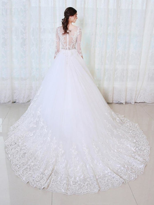 V-Neck 3/4 Sleeves Lace Ball Gown Wedding Dresses - wedding dresses