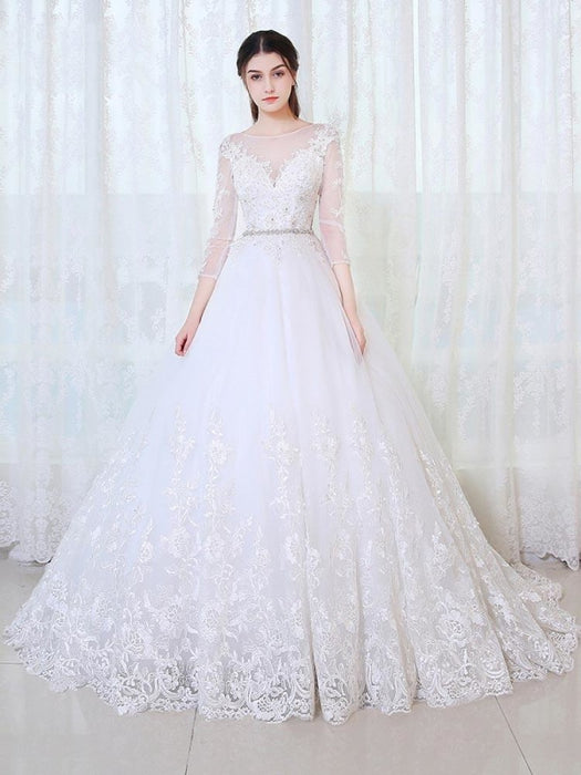 V-Neck 3/4 Sleeves Lace Ball Gown Wedding Dresses - Ivory / Floor Length - wedding dresses