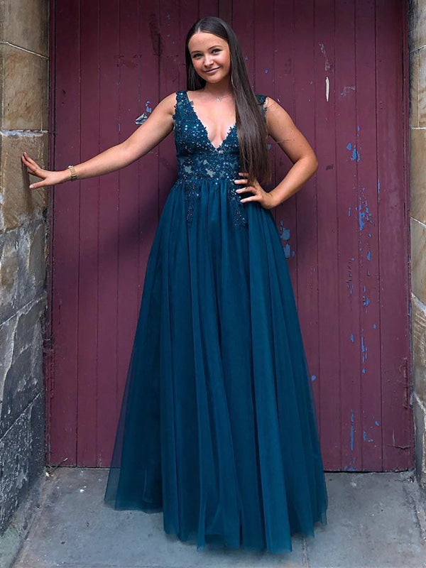 V Neck Blue Floral Lace Prom Dresses, Blue Lace Floral Long Formal Evening Dresses