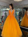 V Neck and V Back Orange Lace Long Prom Dresses, Orange Lace Formal Evening Dresses