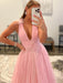 V Neck and V Back Pink Tulle Long Prom Dresses, V Neck Pink Formal Graduation Evening Dresses 