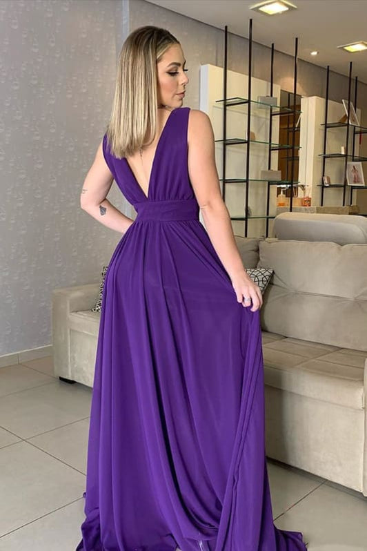 Chic Sheath Purple Long Prom Dress Beaded Chiffon V-neck Evening Dress with Open Back DP04856 main image 1