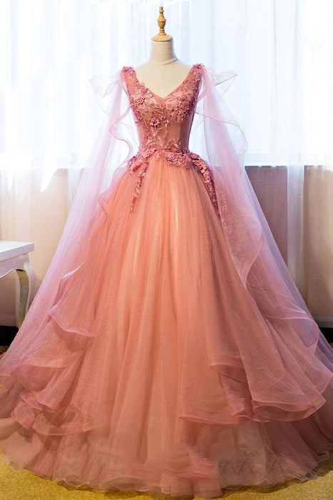 V-Neck Appliques Beading Floor-Length Quinceanera Ball Gown Tulle Prom Dress - Prom Dresses