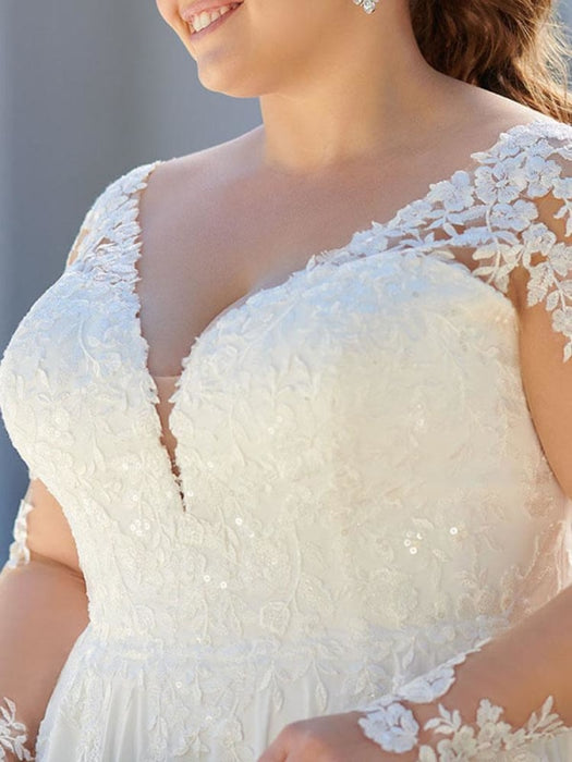 V Neck Appliques Lace Long Sleeve A Line Wedding Dresses - wedding dresses