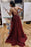 V Neck Backless Burgundy Lace Long Prom Dresses, Long Wine Red Lace Formal Evening Dresses