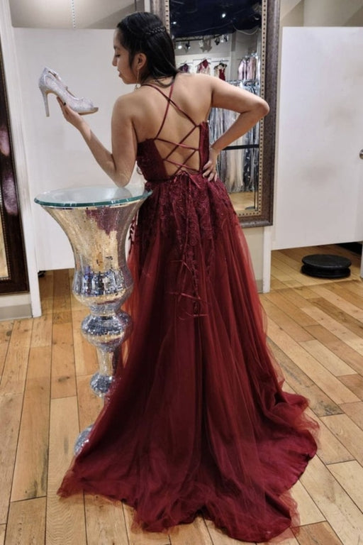 V Neck Backless Burgundy Lace Long Prom Dresses, Long Wine Red Lace Formal Evening Dresses