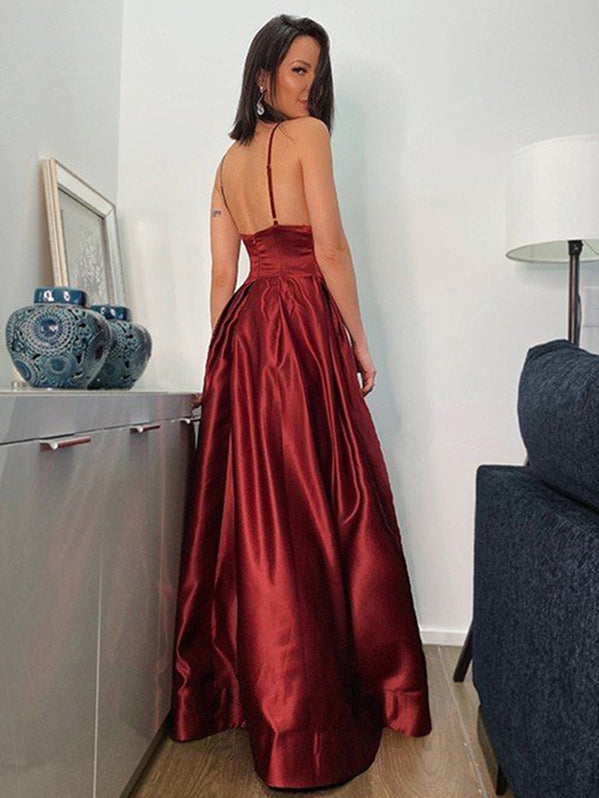 Sexy Halter Neckline Burgundy Satin Long Evening Dress Y721