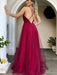 V Neck Backless Burgundy Tulle Long Prom Dresses Backless Maroon Formal Dresses Burgundy Evening Dresses - Prom Dress