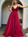 V Neck Backless Burgundy Tulle Long Prom Dresses Backless Maroon Formal Dresses Burgundy Evening Dresses - Prom Dress