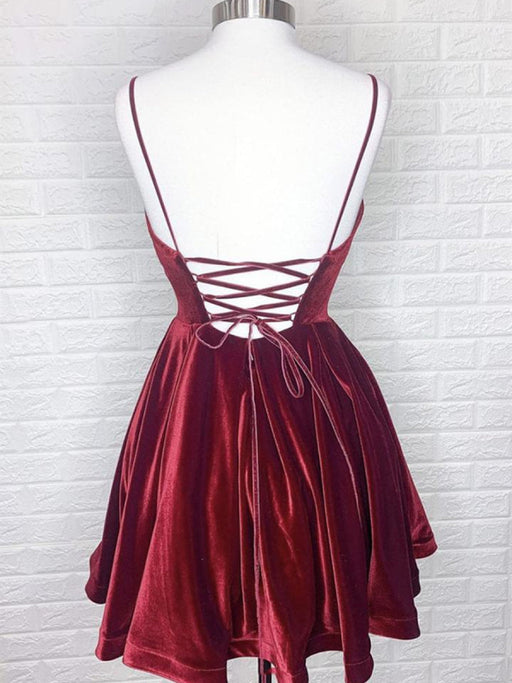 V Neck Backless Burgundy Velvet Short Prom Dresses, Short Burgundy Formal Graduation Homecoming Dresses