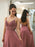 V Neck Backless Dusty Pink Lace Beaded Long Prom Dresses, Dusty Pink Lace Formal Graduation Evening Dresses 