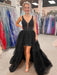 V Neck Backless High Low Beaded Black Lace Long Prom Dresses, Backless Black Formal Dresses, Black Lace Evening Dresses 