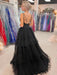 V Neck Backless High Low Beaded Black Lace Long Prom Dresses, Backless Black Formal Dresses, Black Lace Evening Dresses 
