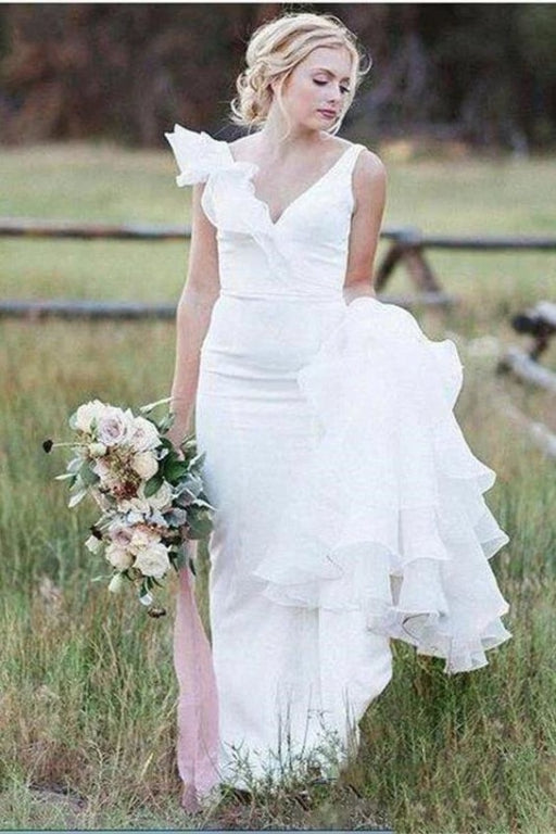 V Neck Backless Mermaid White Long Simple Wedding Dress - Wedding Dresses