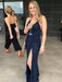 V Neck Backless Navy Blue Long Prom Dresses with  Backless Navy Blue Formal Dresses, Navy Blue Evening Dresses