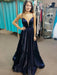V Neck Backless Navy Blue Satin Long Prom Dresses, Long Dark Blue Formal Graduation Evening Dresses