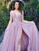 V Neck Backless Pink Lace Long Prom Dresses with High Slit, Pink Lace Formal Dresses, Pink Evening Dresses