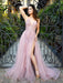 V Neck Backless Pink Lace Long Prom Dresses with High Slit, Pink Lace Formal Dresses, Pink Evening Dresses