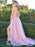 V Neck Backless Pink Lace Long Prom Dresses with High Slit, Pink Lace Formal Dresses, Pink Evening Dresses