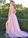 V Neck Backless Pink Lace Long Prom Dresses with High Slit, Pink Lace Formal Dresses, Pink Evening Dresses