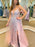 V Neck Backless Pink Long Prom Dresses with Lace Appliques, Pink Lace Formal Dresses, Long Pink Tulle Evening Dresses 