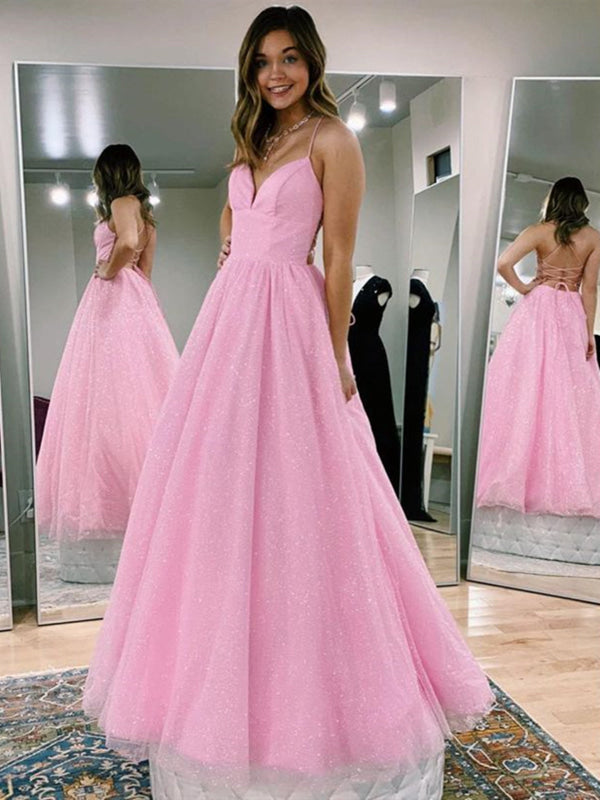 knee length dresses for ladies Pink Sequin Prom Dress V-Neck Backless A-Line Evening Gown-Bridelily