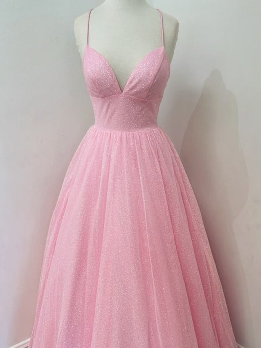 V Neck Backless Pink Sequins Long Prom Dresses, Backless Pink Formal Dresses, y Pink Evening Dresses
