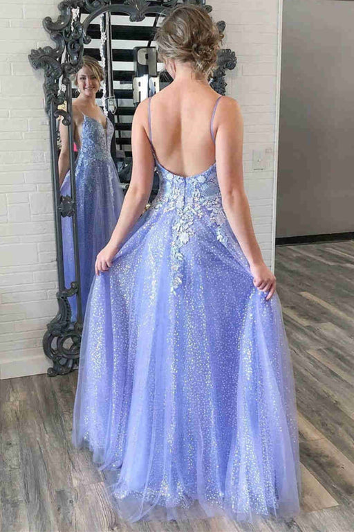 V Neck Backless Purple Lace Long Prom Dresses with 3D Flowers, Shiny Purple Lace Floral Formal Graduation Evening Dresses 