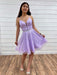 V Neck Backless Purple Tulle Prom Dresses with Belt, Backless Purple Homecoming Dresses, Short Lilac Formal Evening Dresses 