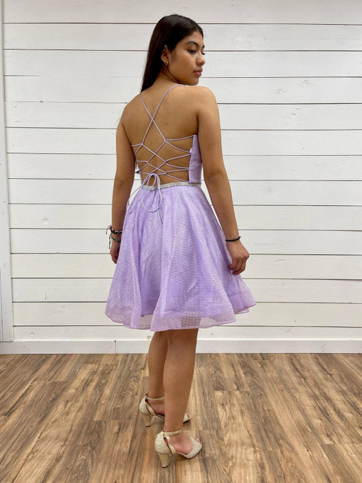 V Neck Backless Purple Tulle Prom Dresses with Belt, Backless