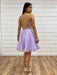 V Neck Backless Purple Tulle Prom Dresses with Belt, Backless Purple Homecoming Dresses, Short Lilac Formal Evening Dresses 