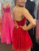 V Neck Backless Red Lace Prom Dresses, Red Lace Homecoming Dresses, Short Red Formal Evening Dresses 
