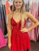 V Neck Backless Red Lace Prom Dresses, Red Lace Homecoming Dresses, Short Red Formal Evening Dresses 