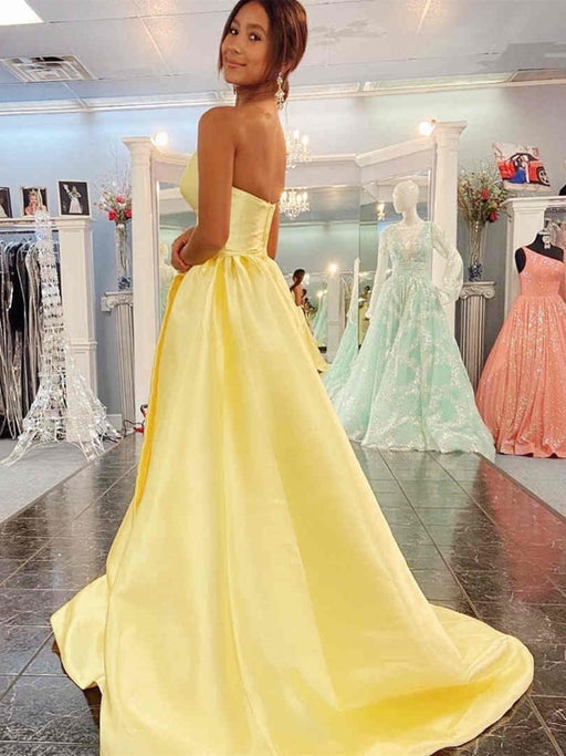 V Neck Backless Strapless Yellow Long Prom Dresses, Backless Yellow Formal Graduation Evening Dresses 