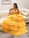 V Neck Backless Yellow Tulle Layered Long Prom Dresses, Layered Yellow Formal Evening Dresses