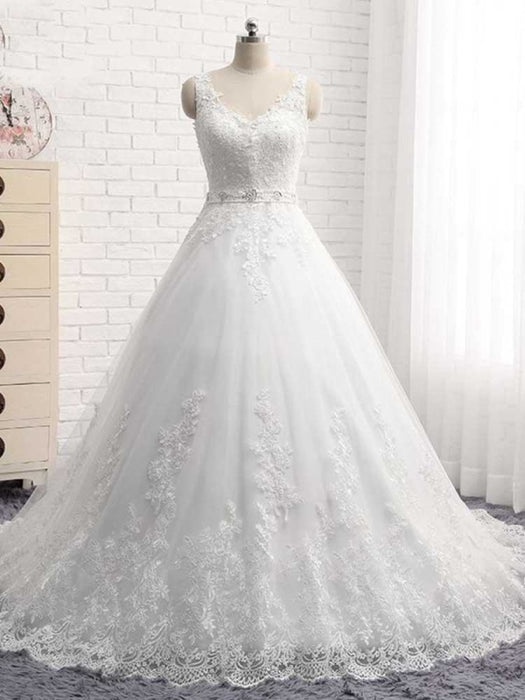 V-Neck Beaded Backless Lace A-Line Wedding Dresses - White / Floor Length - wedding dresses