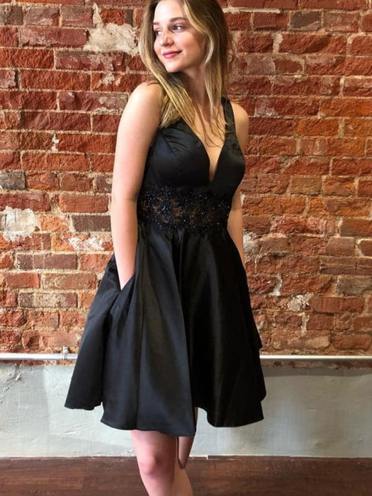V Neck Beaded Black Short Prom Dresses with Lace Appliques, Black Flor Bridelily V Neck Beaded Black Short Prom Dresses with Lace Appliques, Black Flor Bridelily