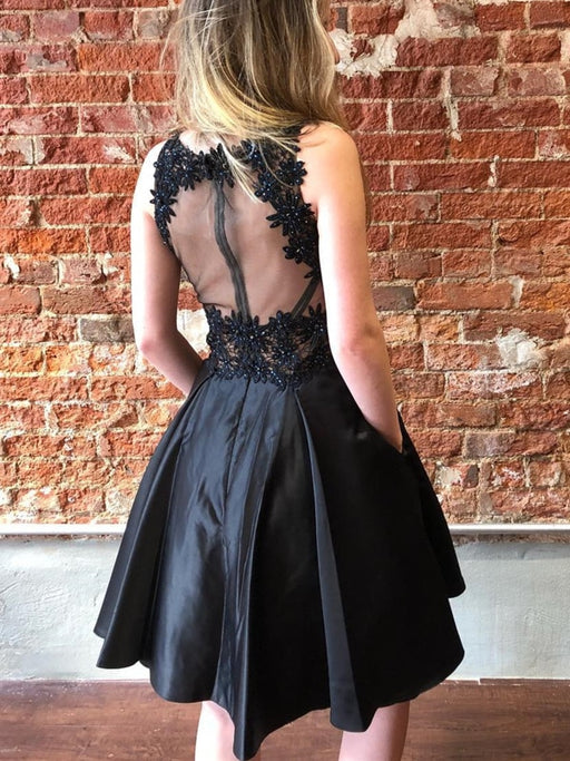 V Neck Beaded Black Short Prom Dresses with Lace Appliques, Black Floral Homecoming Dresses, Black Formal Evening Dresses 
