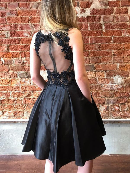 V Neck Beaded Black Short Prom Dresses with Lace Appliques, Black Flor Bridelily V Neck Beaded Black Short Prom Dresses with Lace Appliques, Black Flor Bridelily