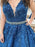 V Neck Beaded Blue Lace Floral Long Prom Dresses, Blue Lace Formal Evening Dresses with Appliques 