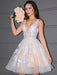 V Neck Beaded Champagne Lace Tulle Prom Dresses, Champagne Lace Homecoming Dresses, Champagne Short Formal Graduation Evening Dresses 