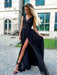 V Neck Black Lace Long Prom Dresses with High Slit, Black Lace Formal Graduation Evening Dresses 