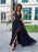 V Neck Black Lace Long Prom Dresses with High Slit, Black Lace Formal Graduation Evening Dresses 