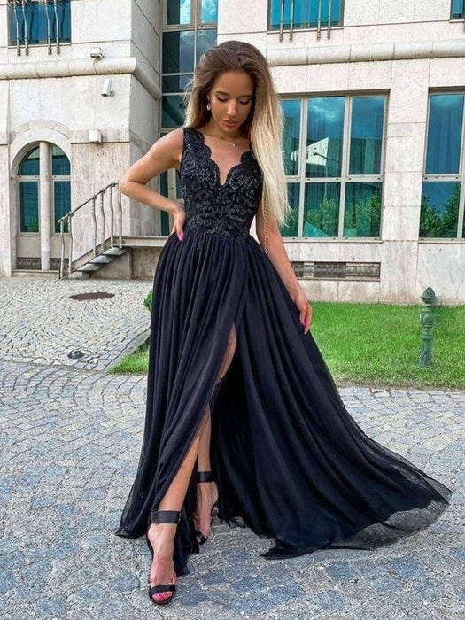 Elegant V Neck High Slit Black Long Prom Dress, V Neck Black