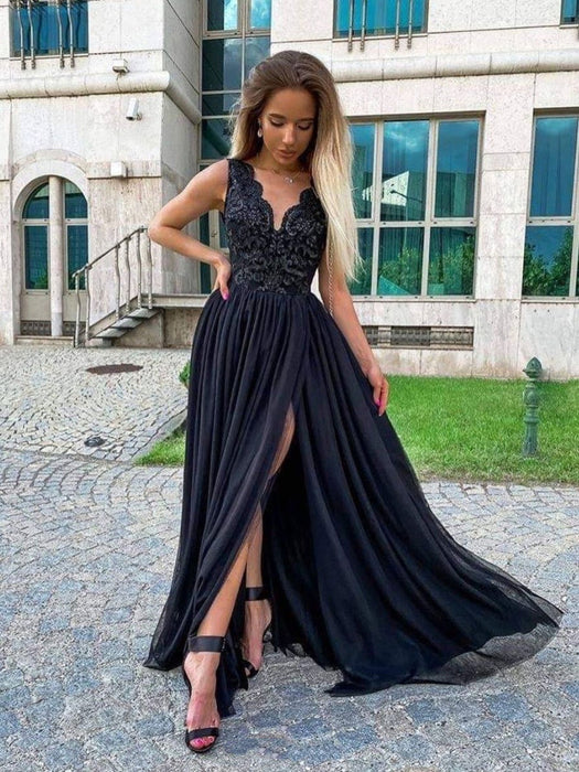 V Neck Black Lace Long Prom Dresses with High Slit-Bridelily V Neck Black Lace Long Prom Dresses with High Slit-Bridelily