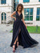 V Neck Black Lace Long Prom Dresses with High Slit, Black Lace Formal Graduation Evening Dresses 