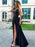 V Neck Black Lace Long Prom Dresses with High Slit, Black Lace Formal Graduation Evening Dresses 