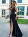 V Neck Black Lace Long Prom Dresses with High Slit, Black Lace Formal Graduation Evening Dresses 